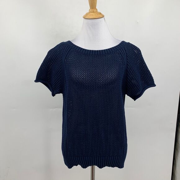 Frame Shirt Womens XS Extra Small Navy Open Stitch Knitted Short Sleeve Sweater - Picture 2 of 10